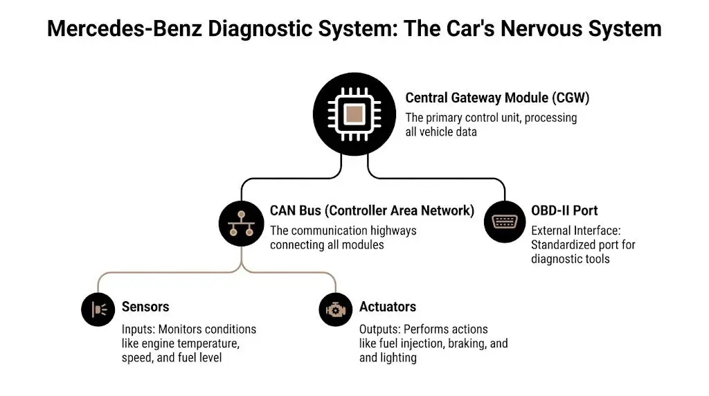 A diagram illustrating the Mercedes-Benz vehicle diagnostic system architecture including central gateway, CAN bus, sensors, and actuators.