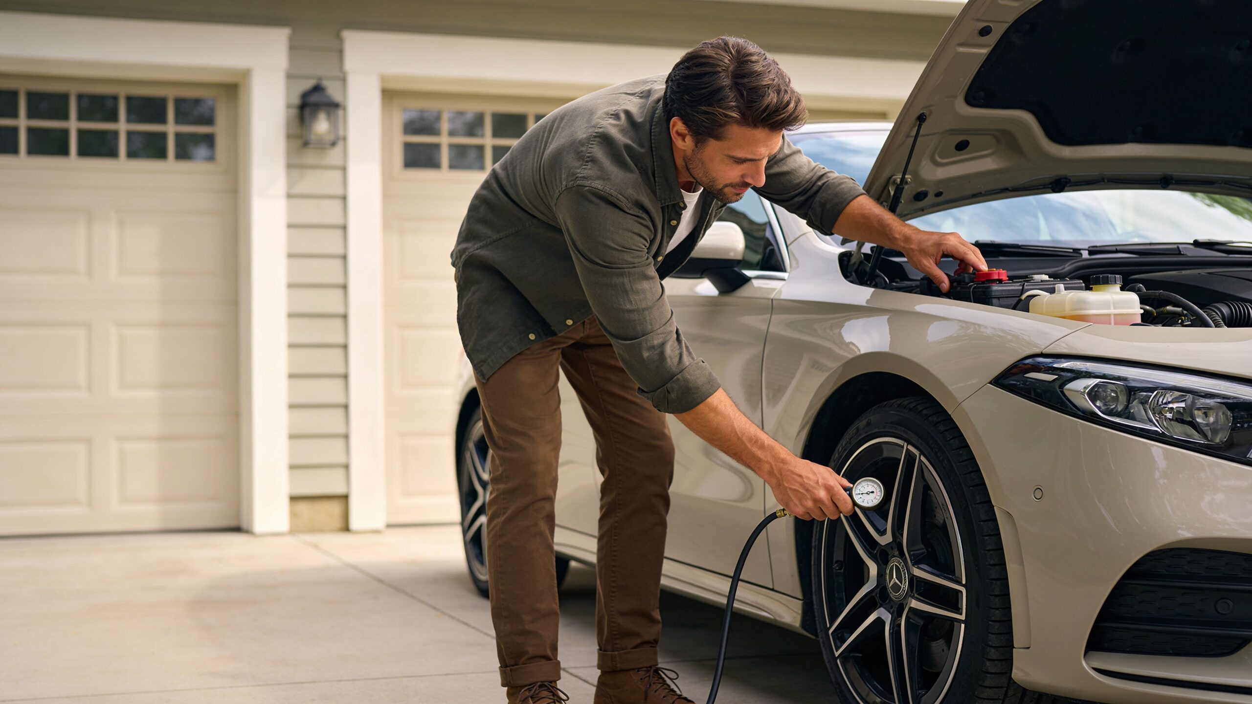 A man in a garage checking the tire pressure of his Mercedes Benz vehicle while the hood is open.