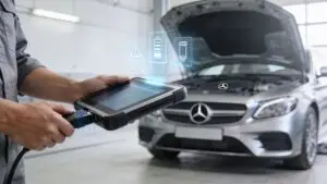 Mechanic using diagnostic tablet on car in garage