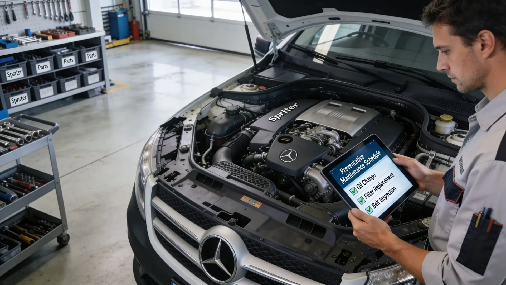 A mechanic holding a tablet displaying a maintenance checklist in front of an open Mercedes Sprinter engine.