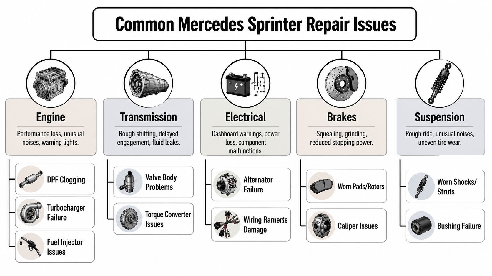 An infographic showing common repair issues for Mercedes Sprinter vans across five main automotive vehicle systems.