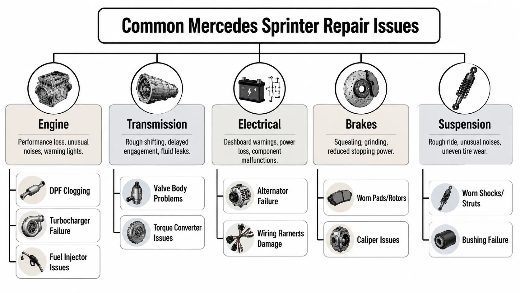 An infographic showing common repair issues for Mercedes Sprinter vans across five main automotive vehicle systems.