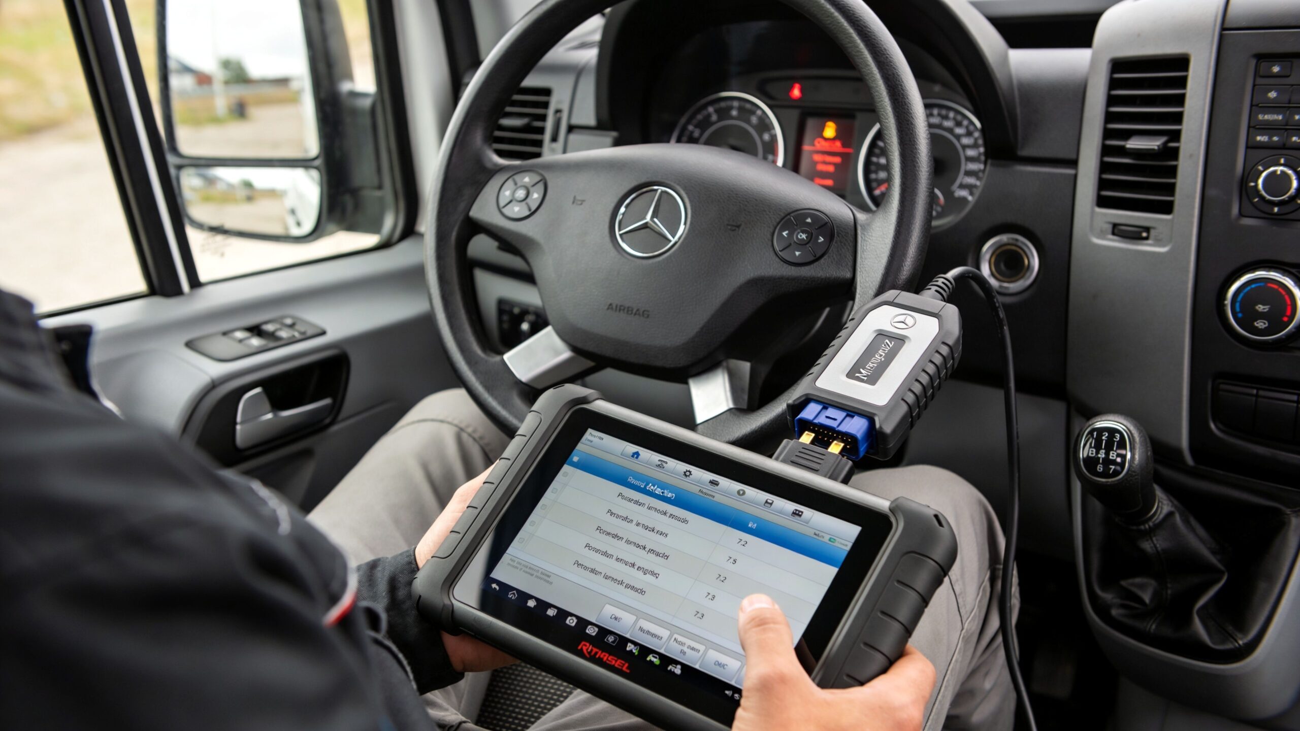 A mechanic using a diagnostic tablet to troubleshoot a Mercedes-Benz Sprinter van interior with steering wheel controls.