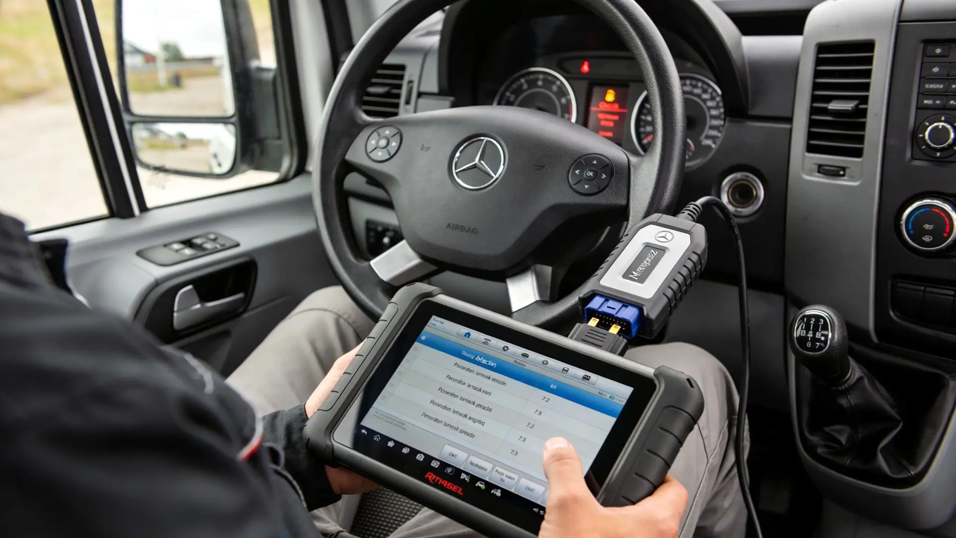 A mechanic using a diagnostic tablet to troubleshoot a Mercedes-Benz Sprinter van interior with steering wheel controls.