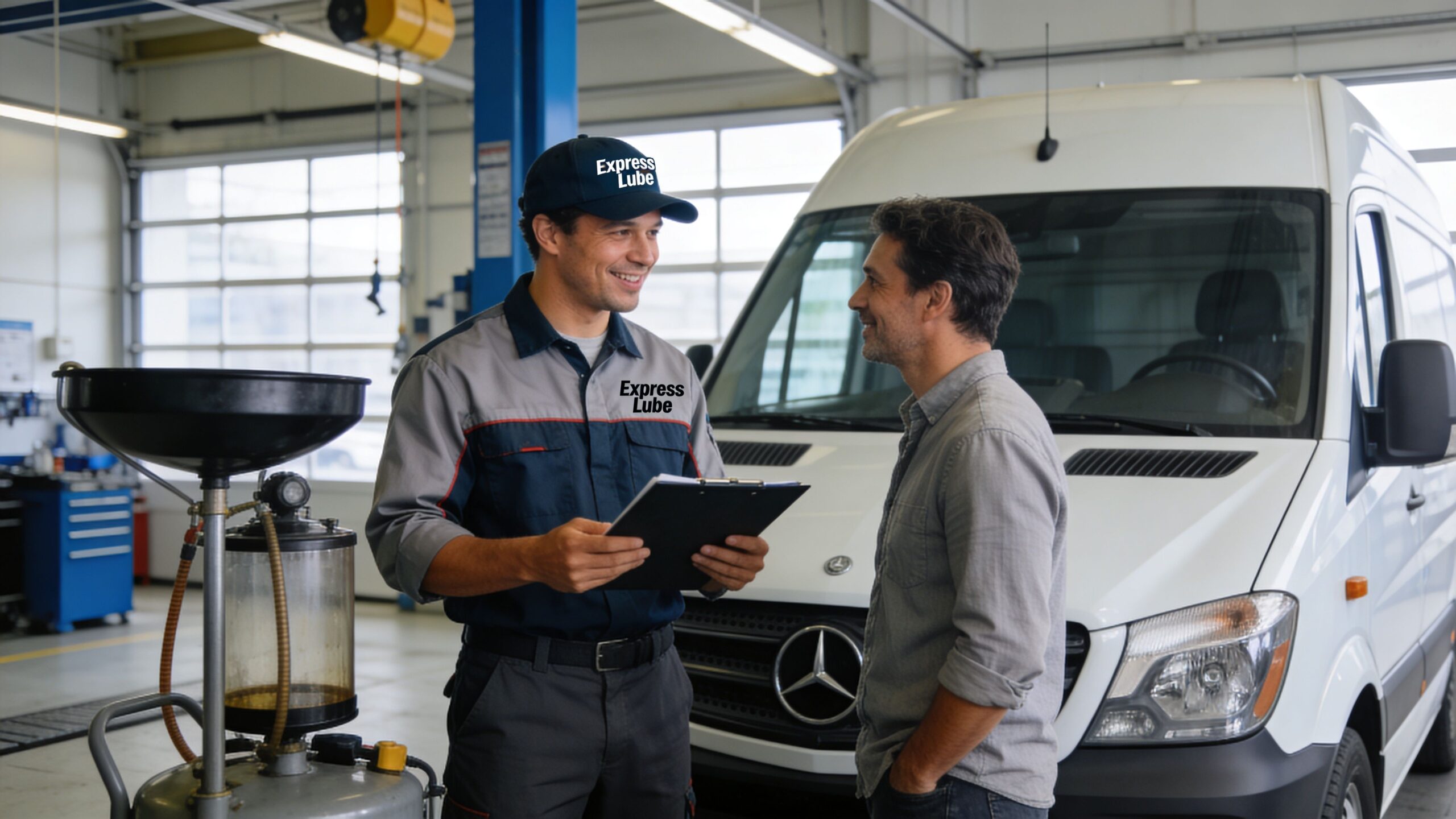 A friendly mechanic in an Express Lube uniform reviews service documents with a customer beside a white van.