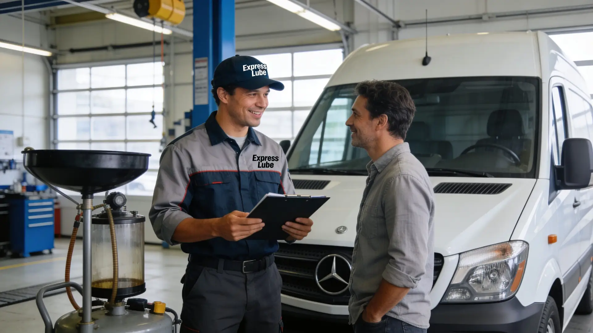 A friendly mechanic in an Express Lube uniform reviews service documents with a customer beside a white van.