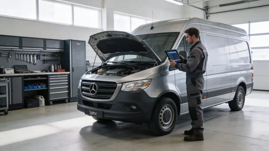 Mechanic diagnosing van engine with tablet in garage