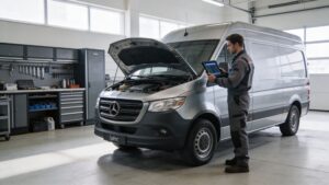 Mechanic diagnosing van engine with tablet in garage