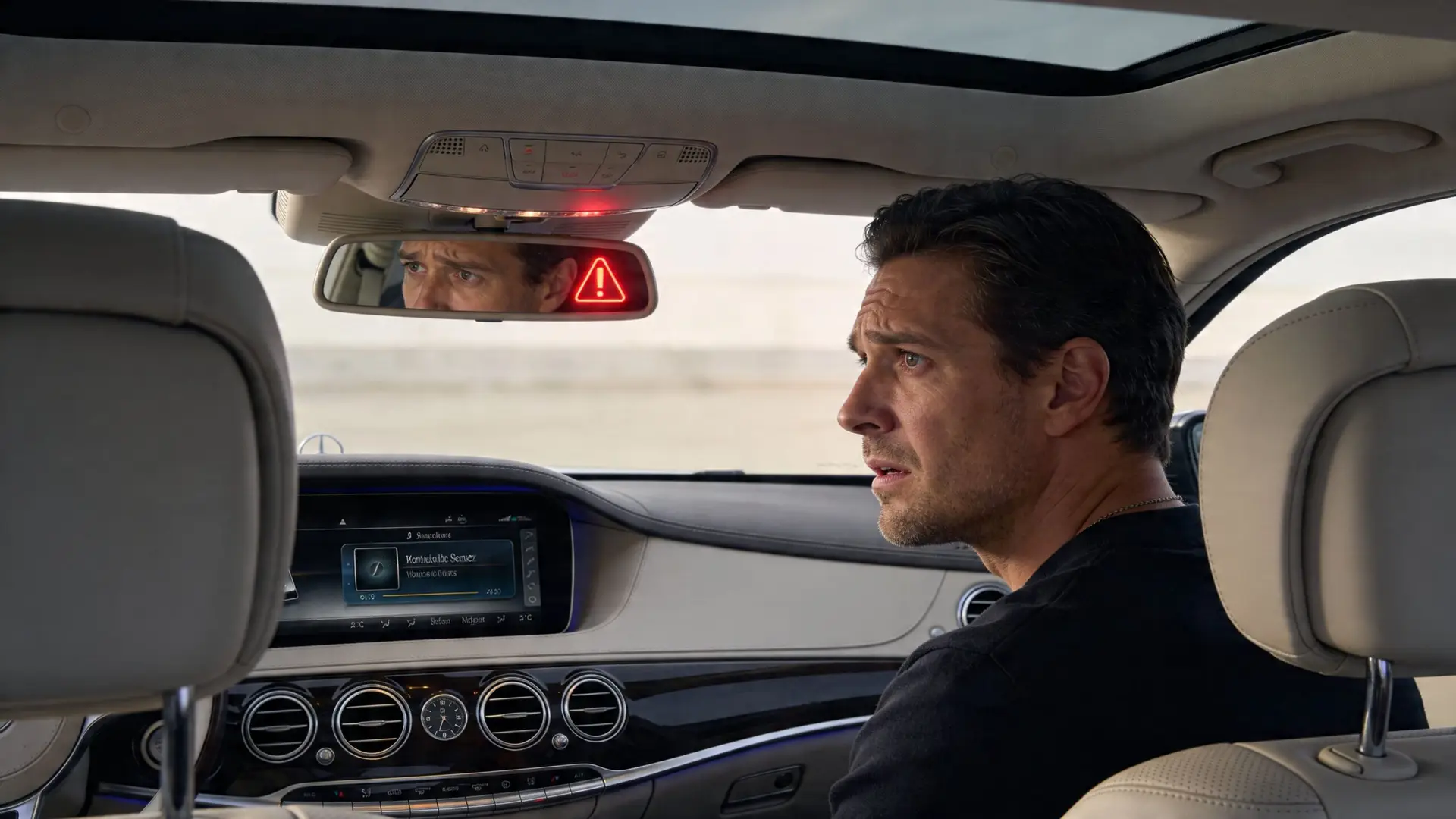 A concerned driver looks to the side while driving a luxury car with a red warning light.