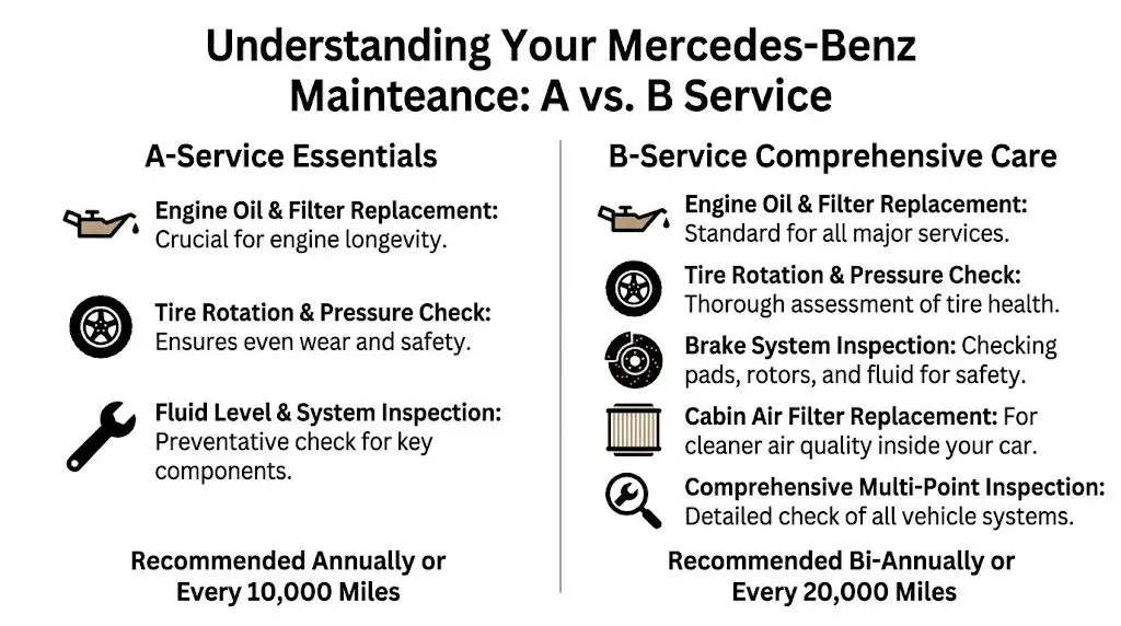A comparison chart outlining the differences between Mercedes-Benz A-Service and B-Service maintenance requirements and schedules.