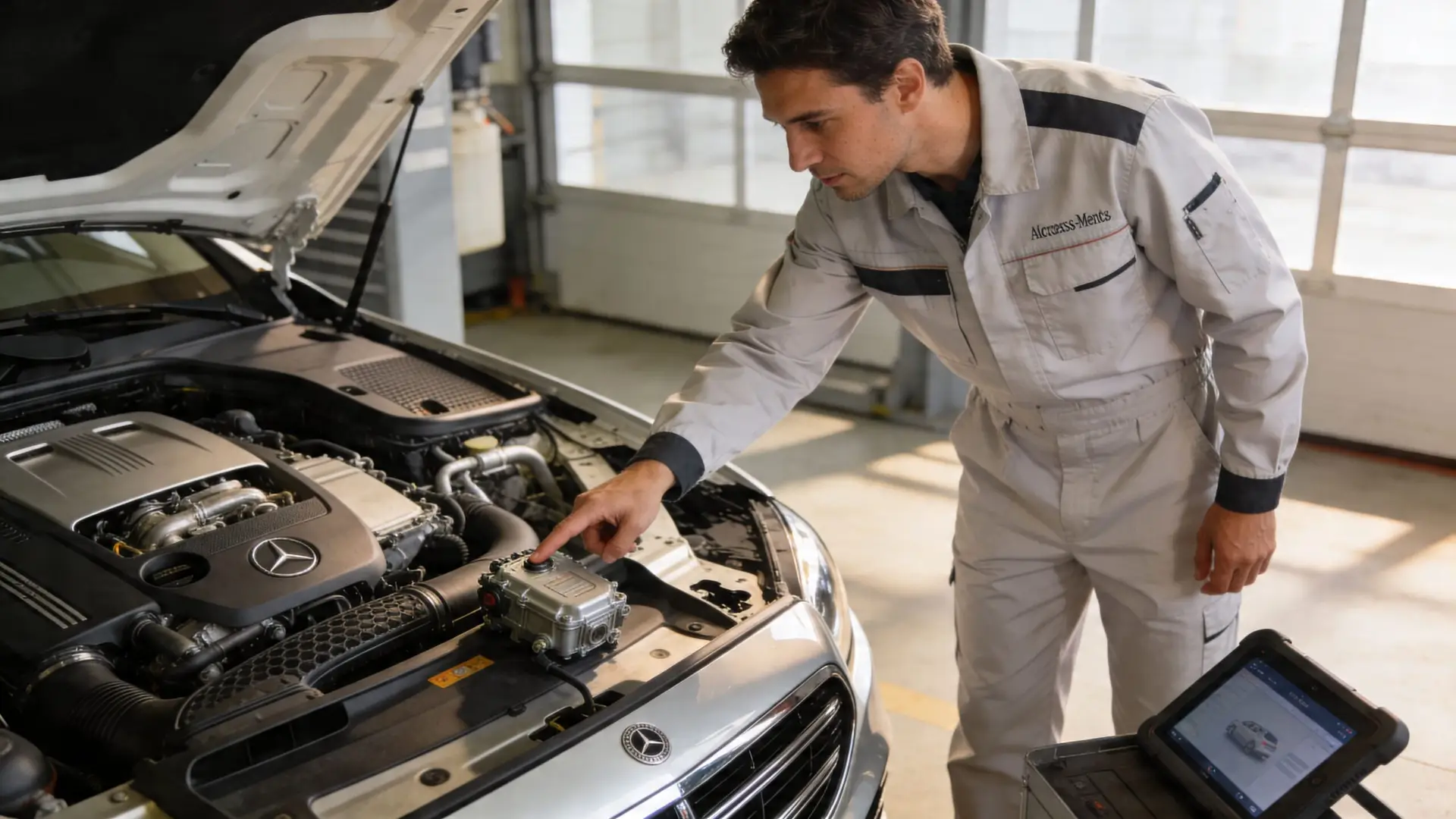 A professional Mercedes-Benz technician performing a diagnostic inspection on a car engine in a modern workshop.