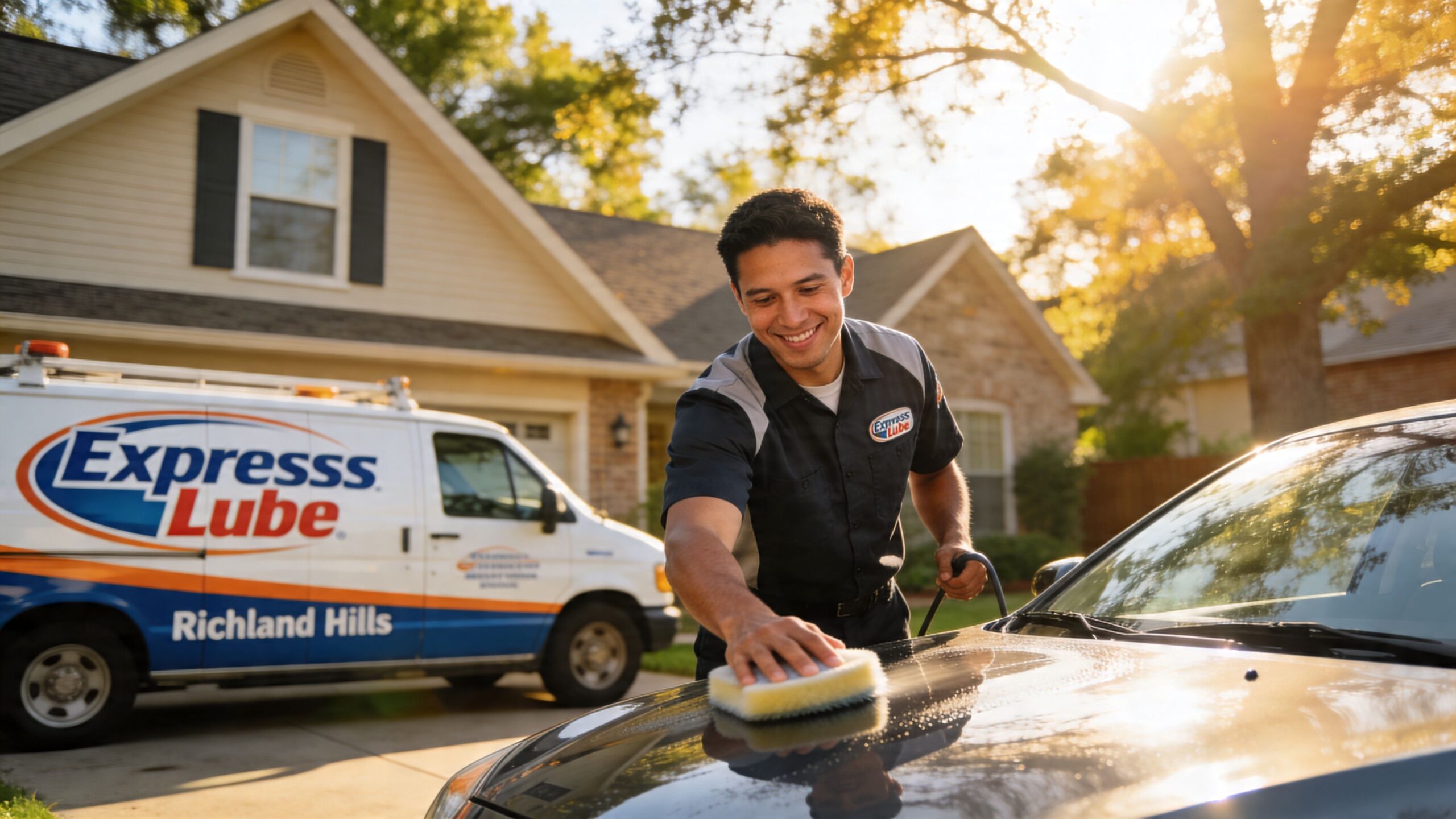 A friendly Expresss Lube technician washes a customer's car in a residential driveway on a sunny day.