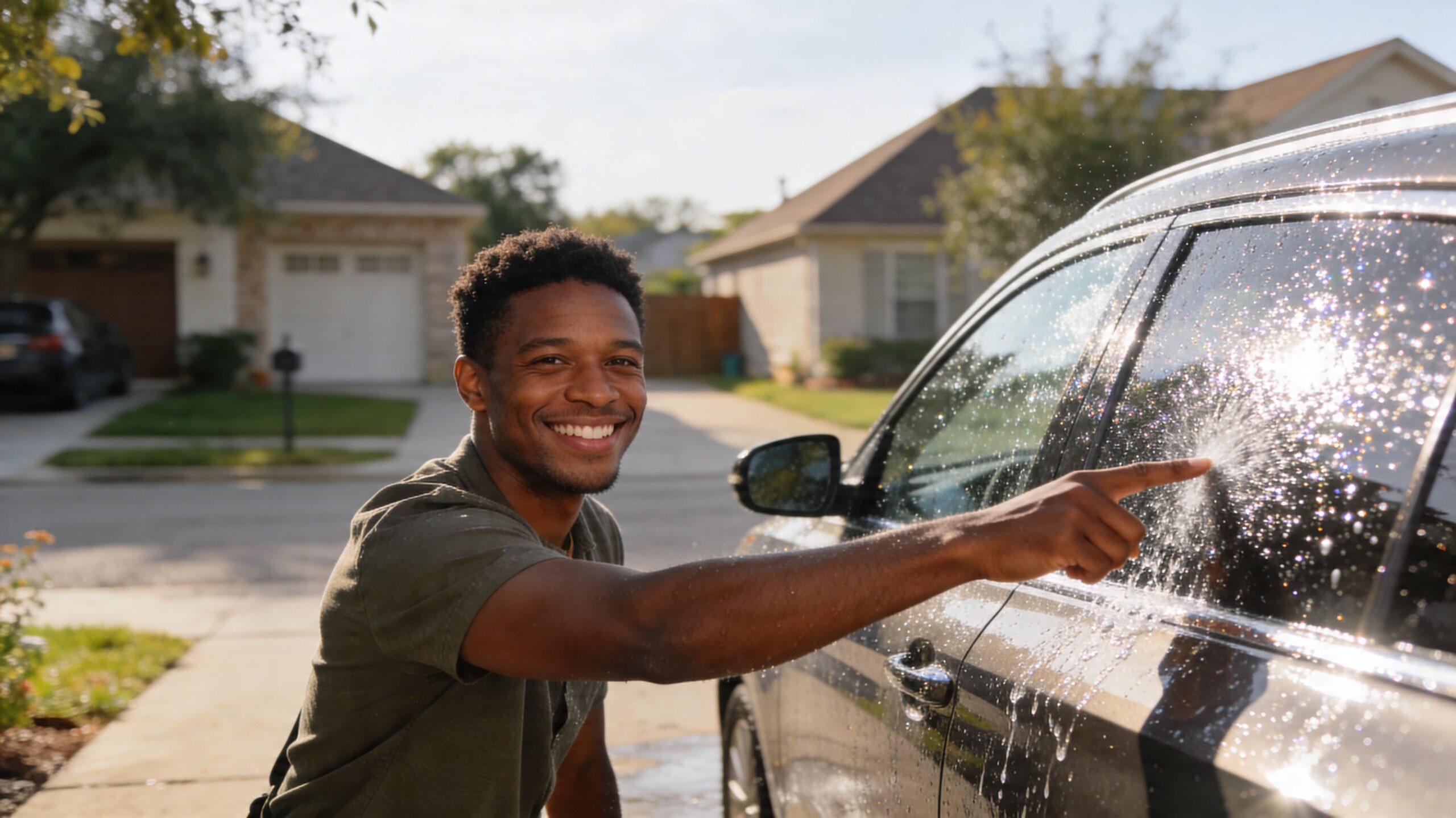 A cheerful young man washing a car in a suburban driveway on a sunny day.