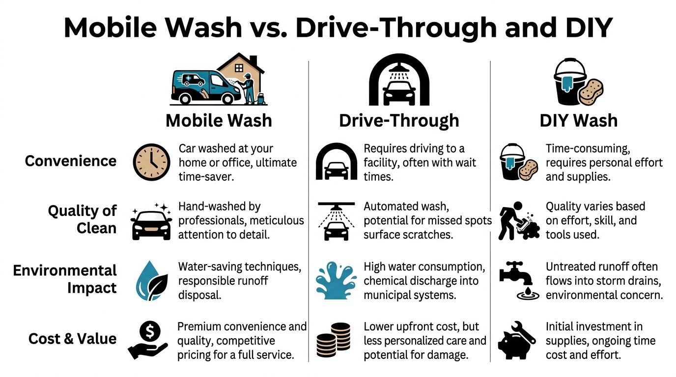 A comparison chart outlining the differences between mobile car wash, drive-through services, and DIY washing methods.