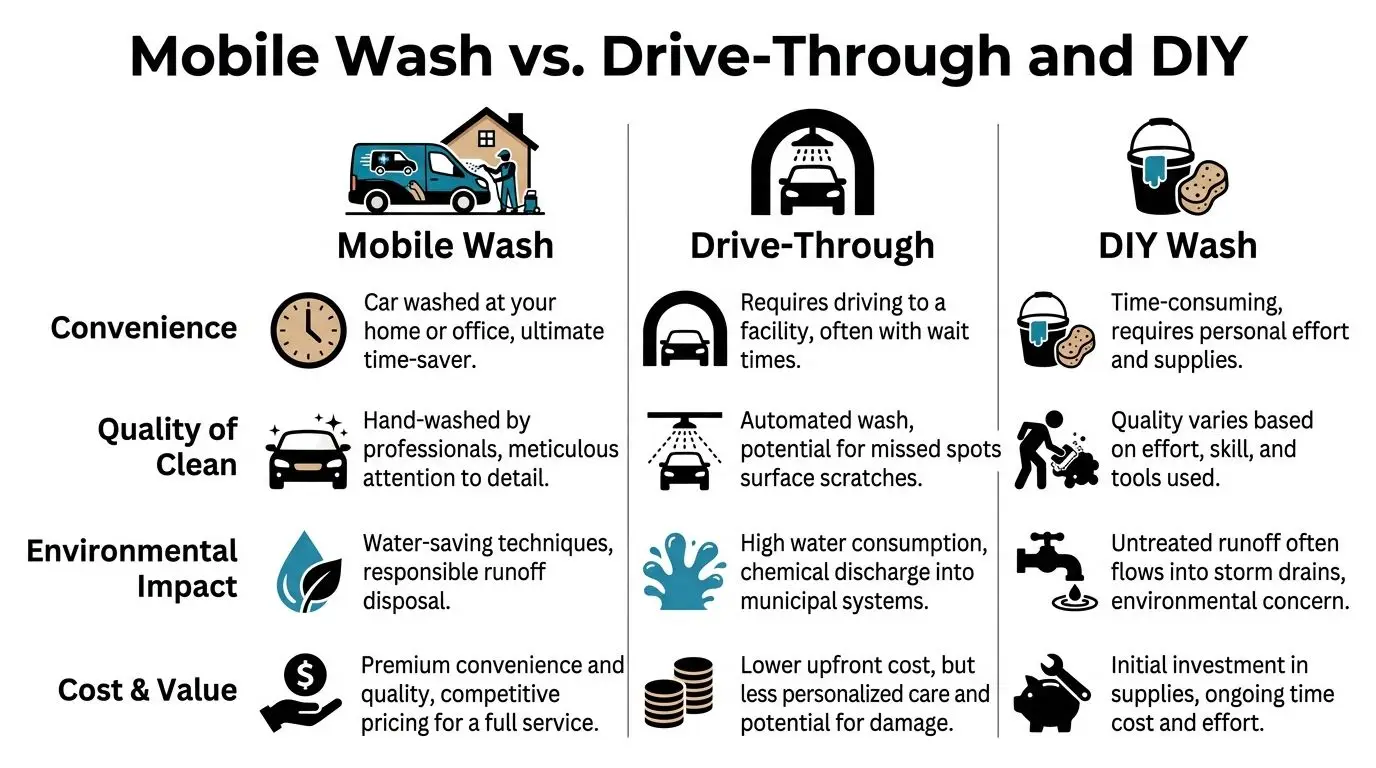 A comparison chart outlining the differences between mobile car wash, drive-through services, and DIY washing methods.