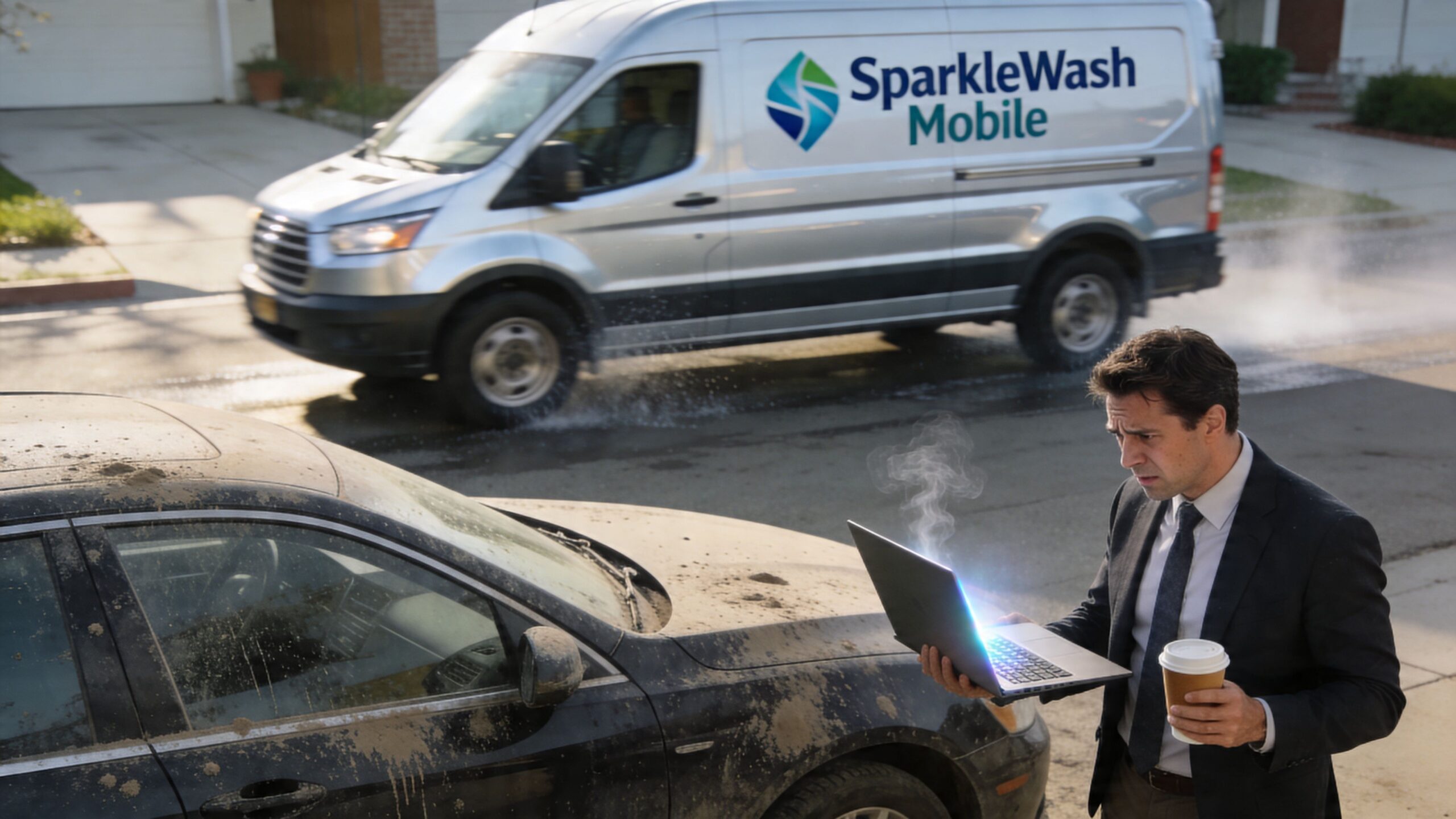 A concerned businessman holds a smoking laptop while a SparkleWash mobile car wash van sprays water nearby.