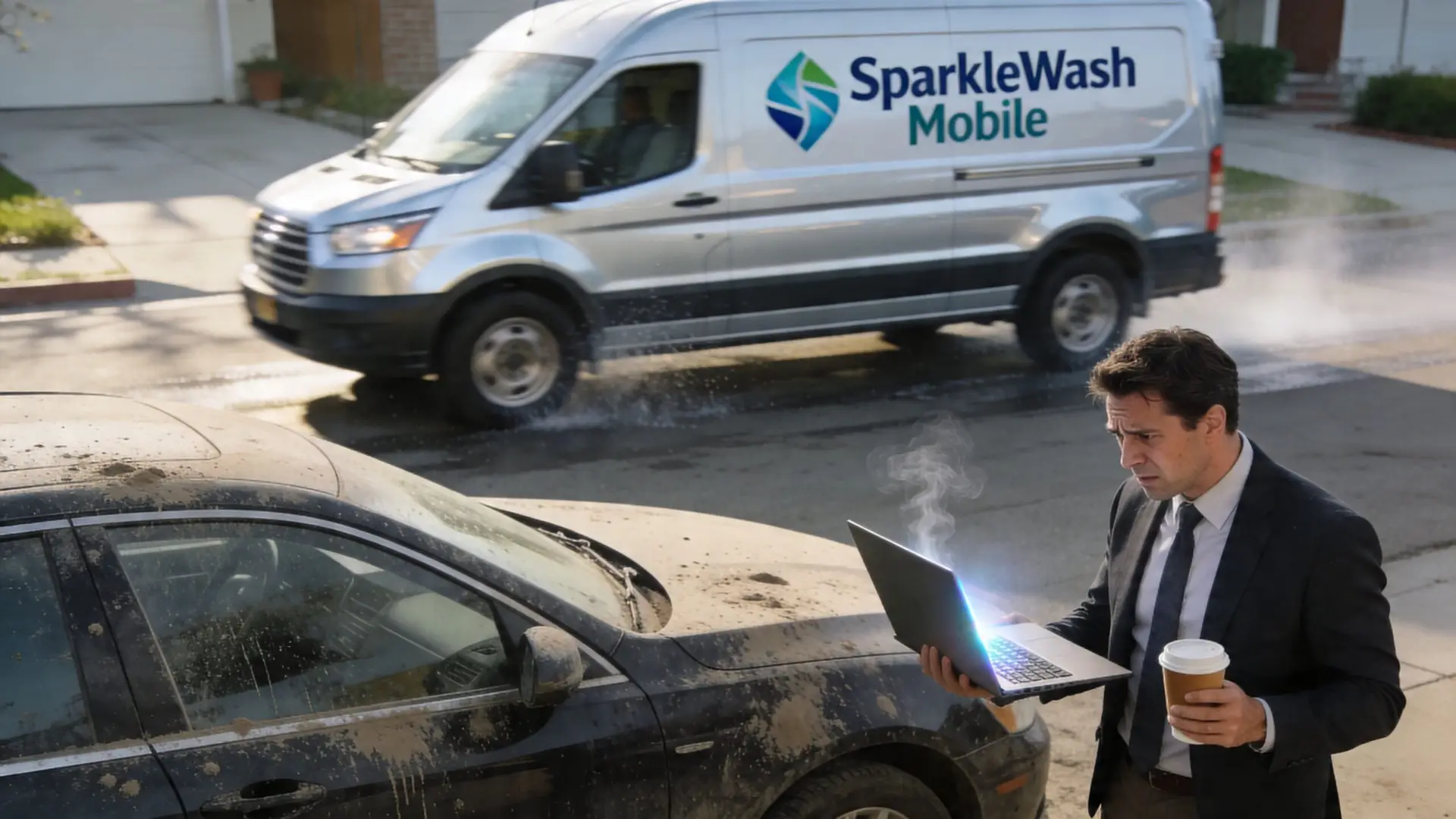 A concerned businessman holds a smoking laptop while a SparkleWash mobile car wash van sprays water nearby.