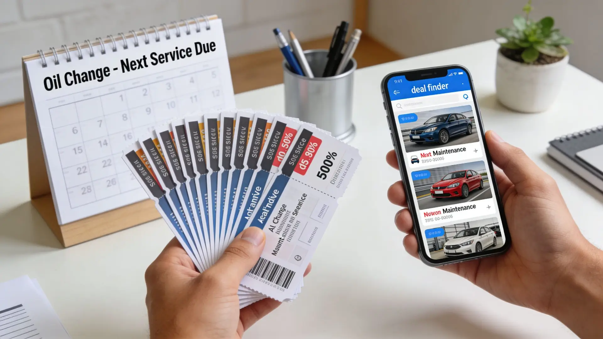 A person holds car maintenance discount vouchers while checking oil change services on their mobile phone.