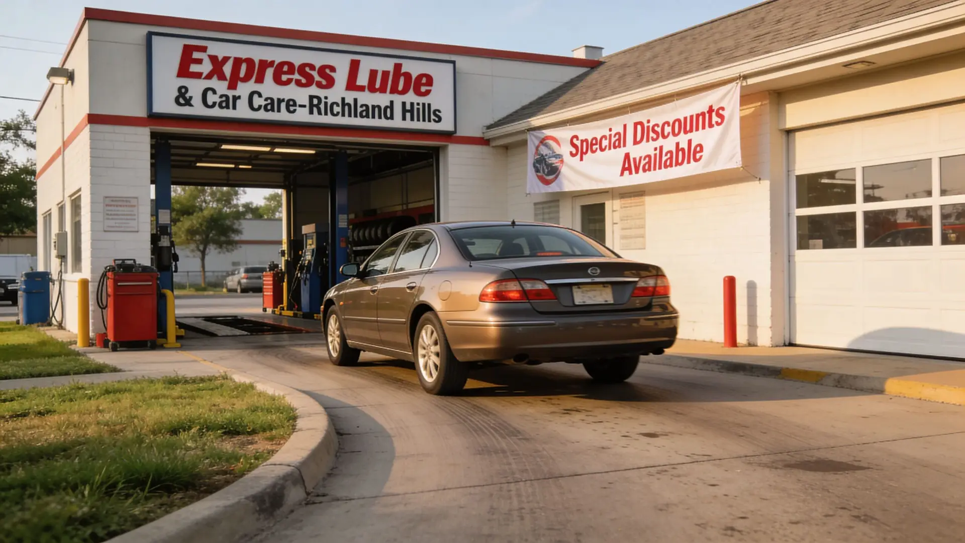 A tan sedan pulls into an Express Lube and Car Care center with a special discounts banner.