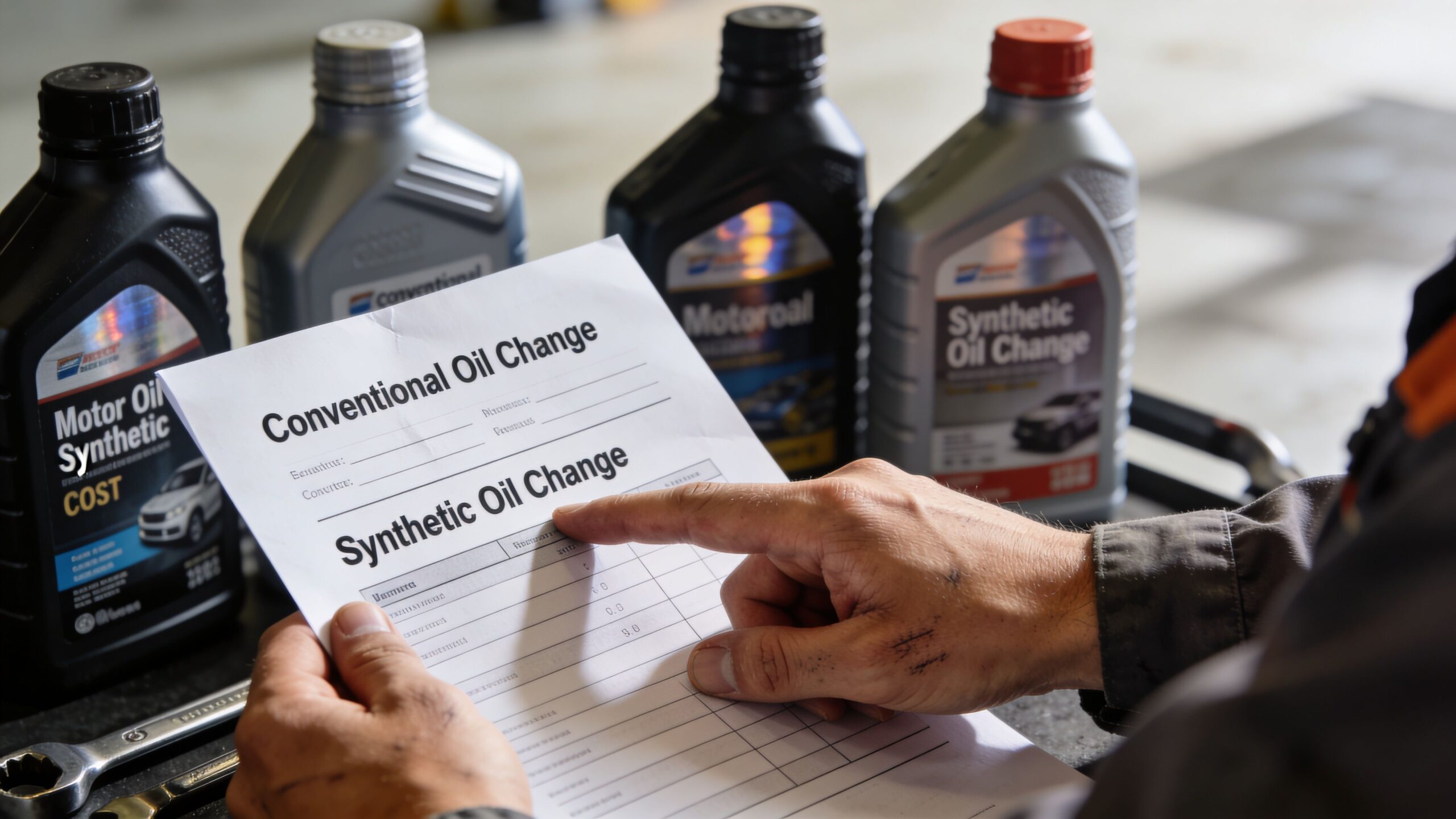 A mechanic holding a document about oil change services near motor oil bottles in a garage.