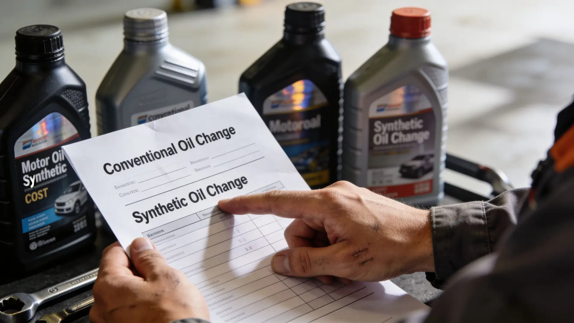 A mechanic holding a document about oil change services near motor oil bottles in a garage.