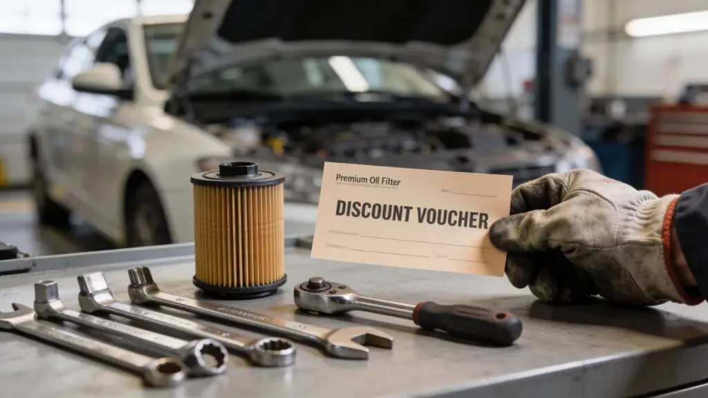 Oil filter and discount voucher in auto shop