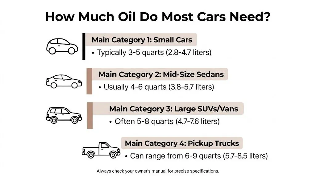 A chart showing the typical amount of motor oil needed for different vehicle categories ranging from small cars to pickup trucks.