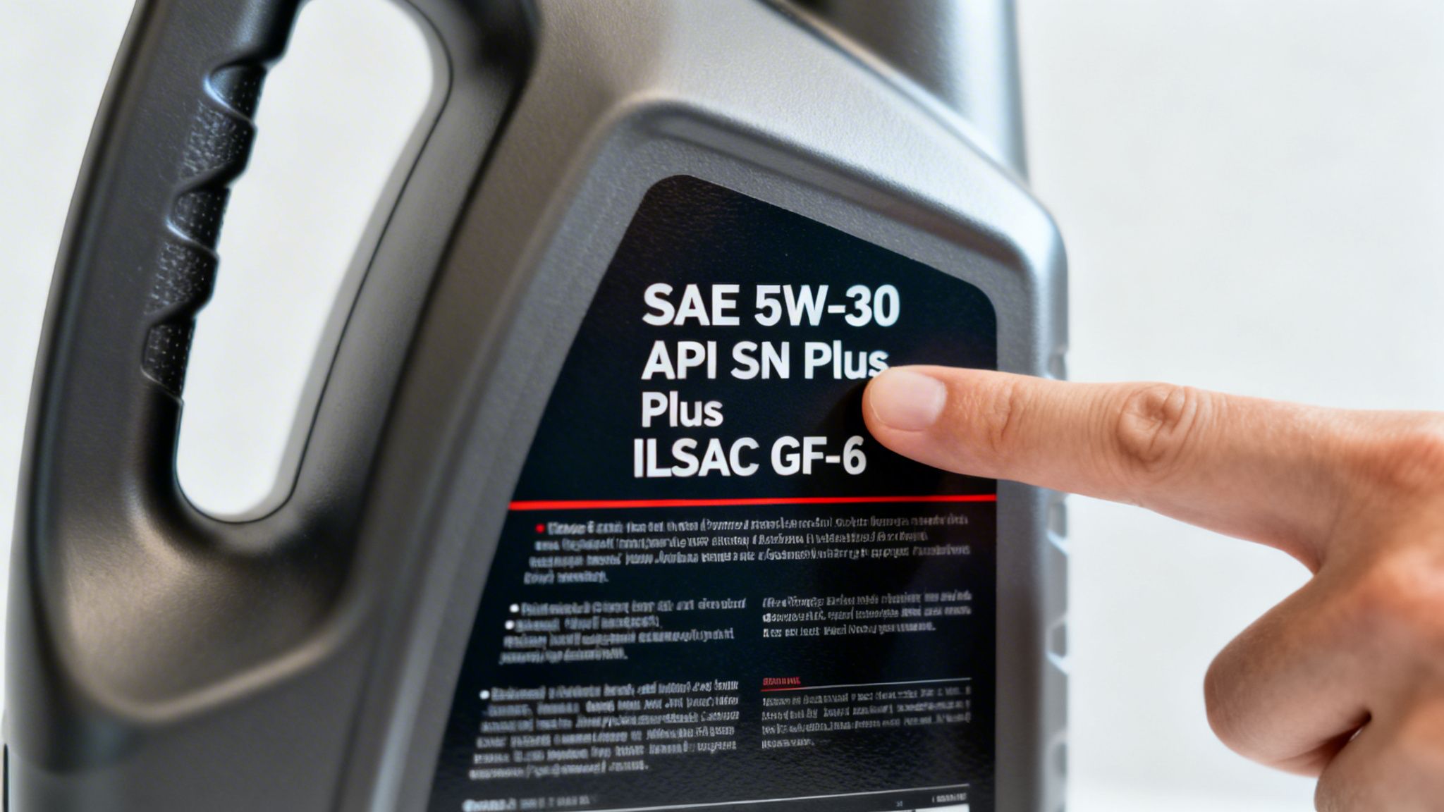A hand points to the technical oil specifications printed on a grey plastic motor oil bottle.