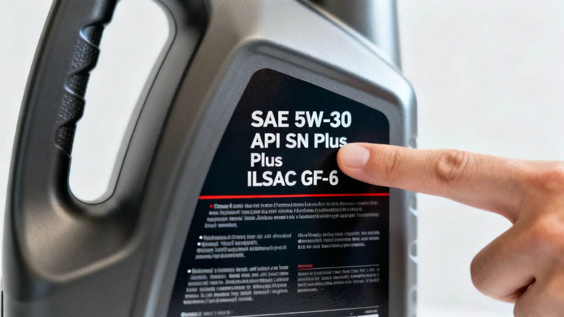 A hand points to the technical oil specifications printed on a grey plastic motor oil bottle.