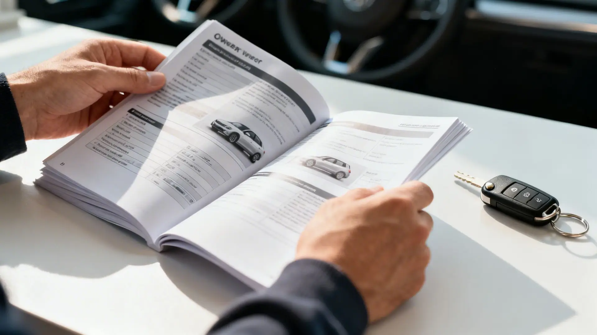 A person reading a car owner's manual while sitting at a table with a vehicle key nearby.