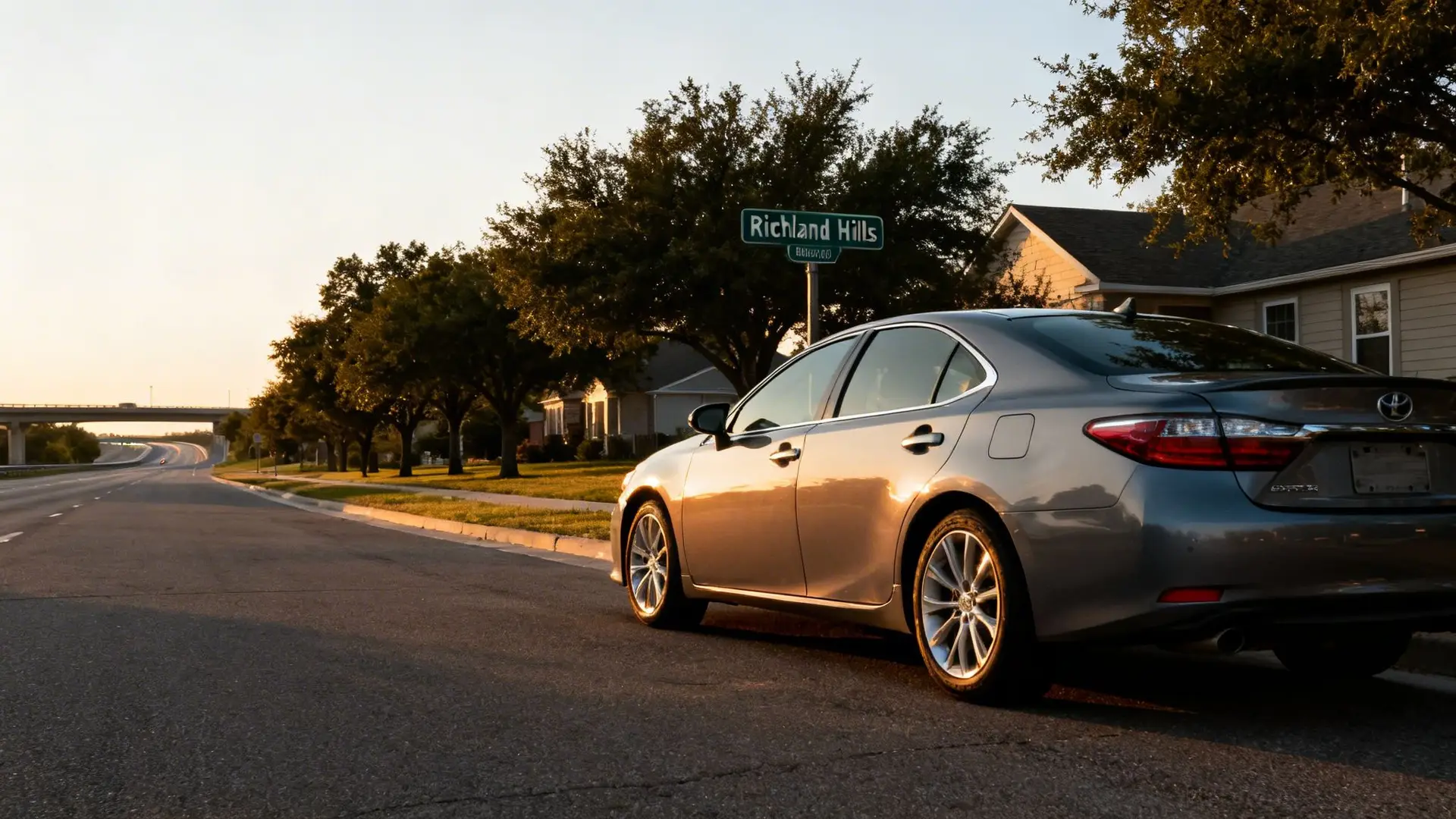 A gray Toyota Camry parked on a suburban street at sunset with a Richland Hills sign.