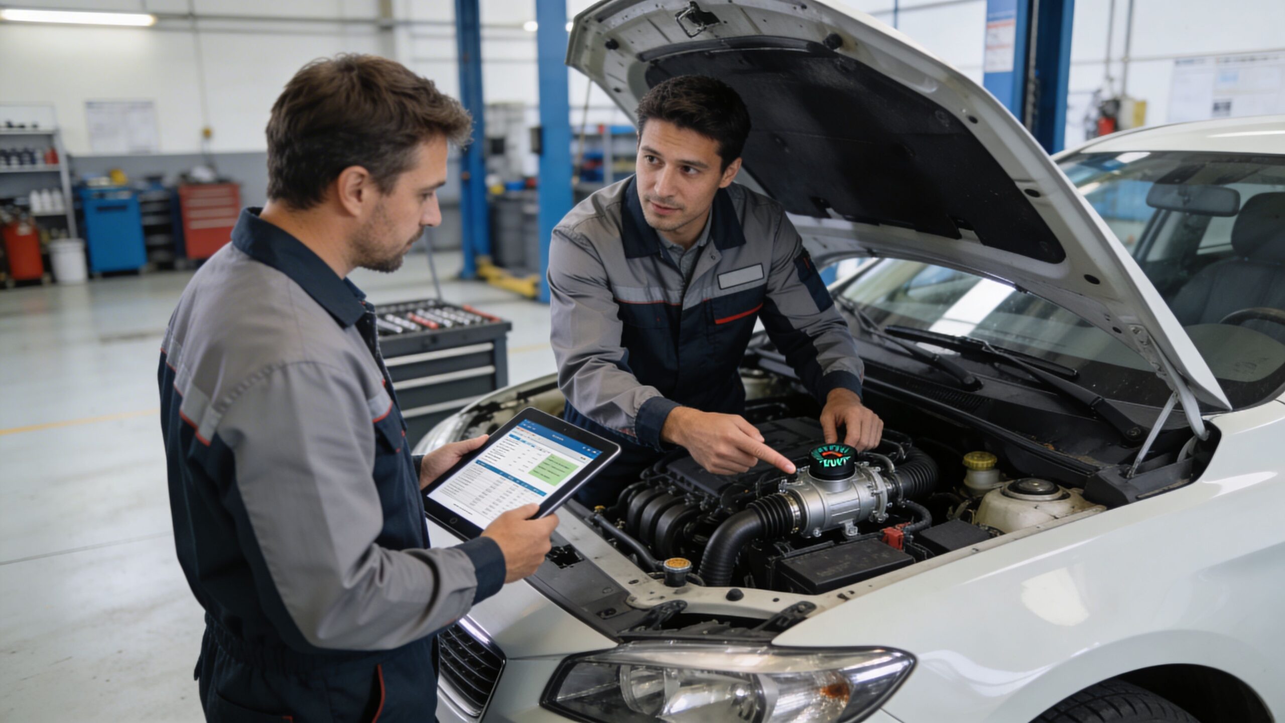 Two male car mechanics discussing repair work on a vehicle engine in a professional automotive workshop.