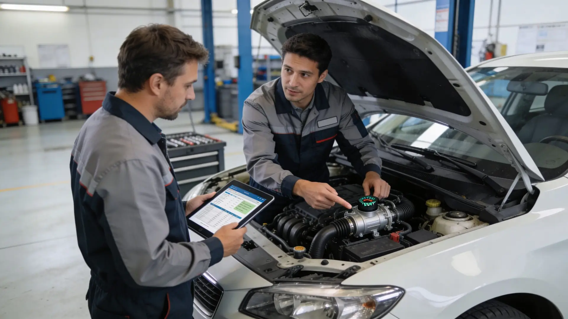 Two male car mechanics discussing repair work on a vehicle engine in a professional automotive workshop.