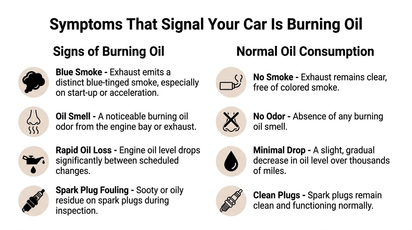 A chart comparing symptoms of burning oil in a car engine versus normal oil consumption indicators.
