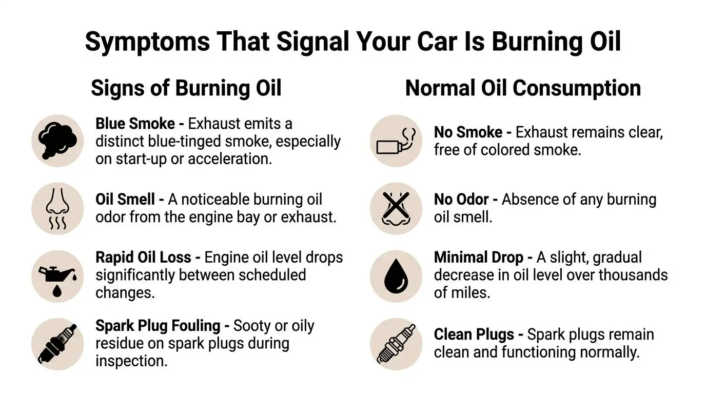 A chart comparing symptoms of burning oil in a car engine versus normal oil consumption indicators.