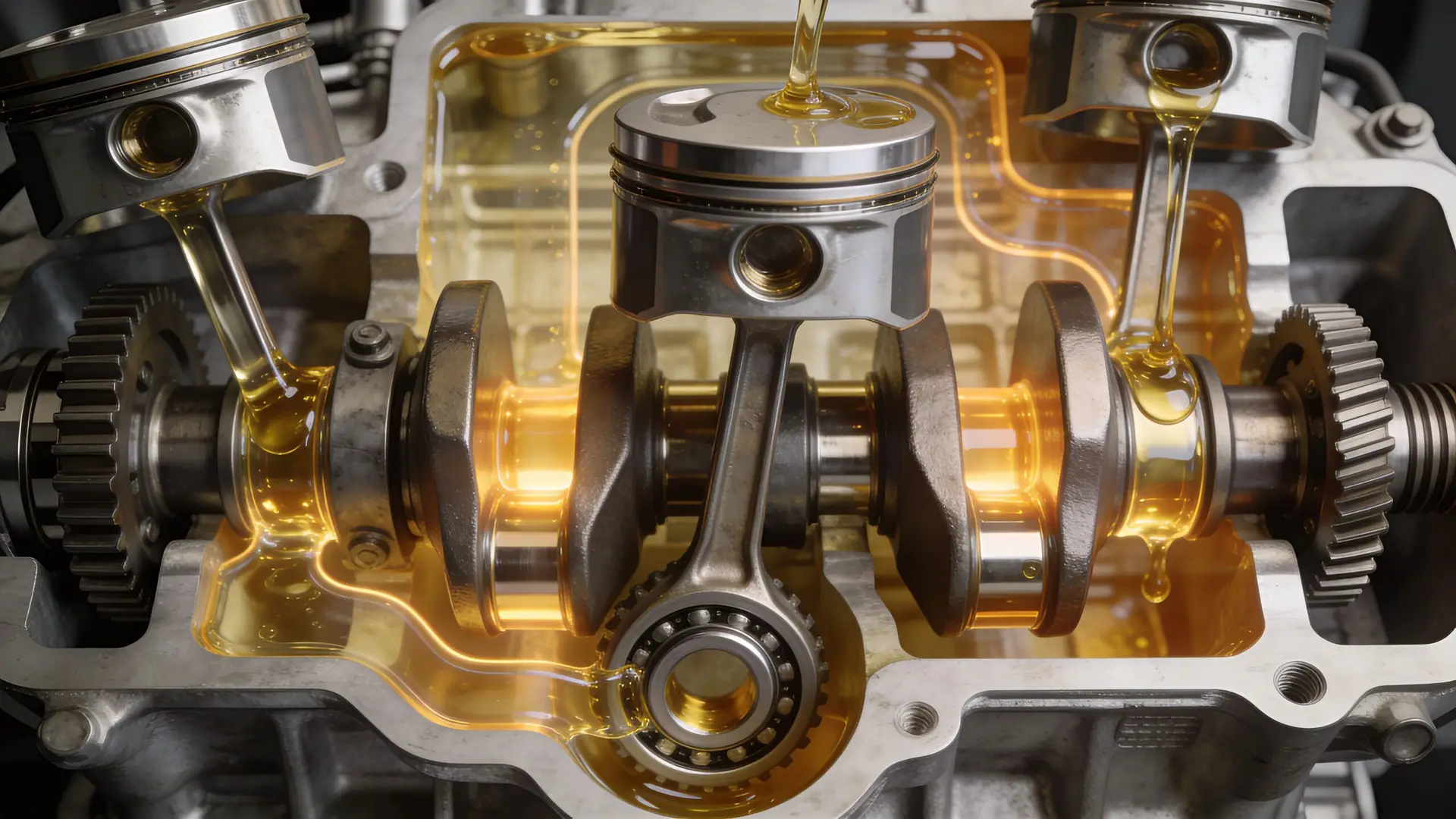 A close-up view of a car engine's internal pistons and crankshaft coated in fresh engine oil.