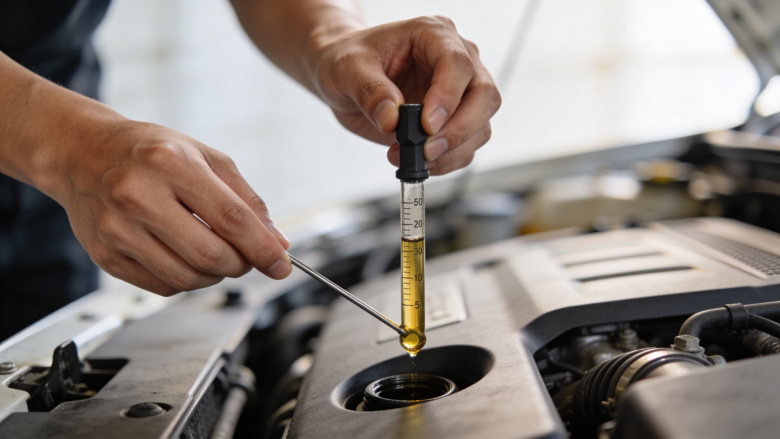 A car mechanic examining oil quality and levels using a specialized diagnostic tube in an engine bay.