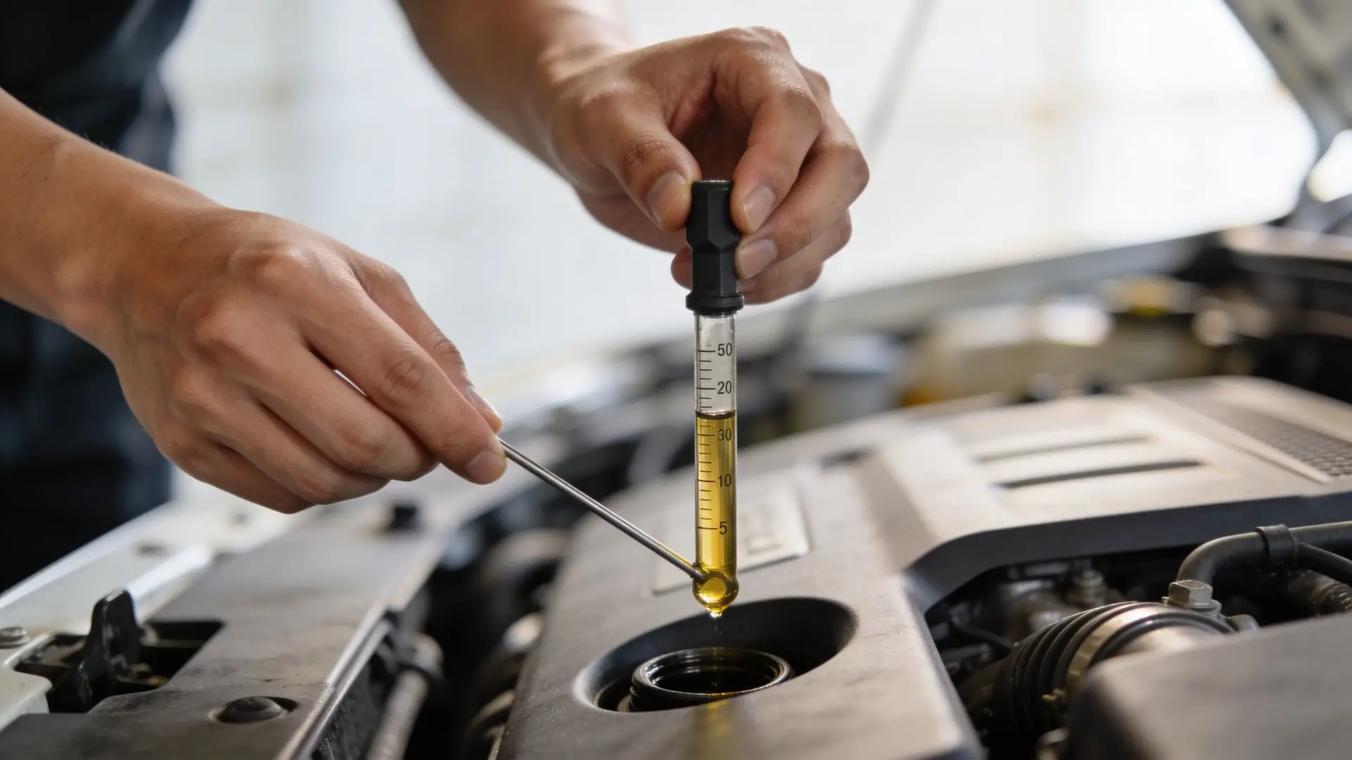 A car mechanic examining oil quality and levels using a specialized diagnostic tube in an engine bay.