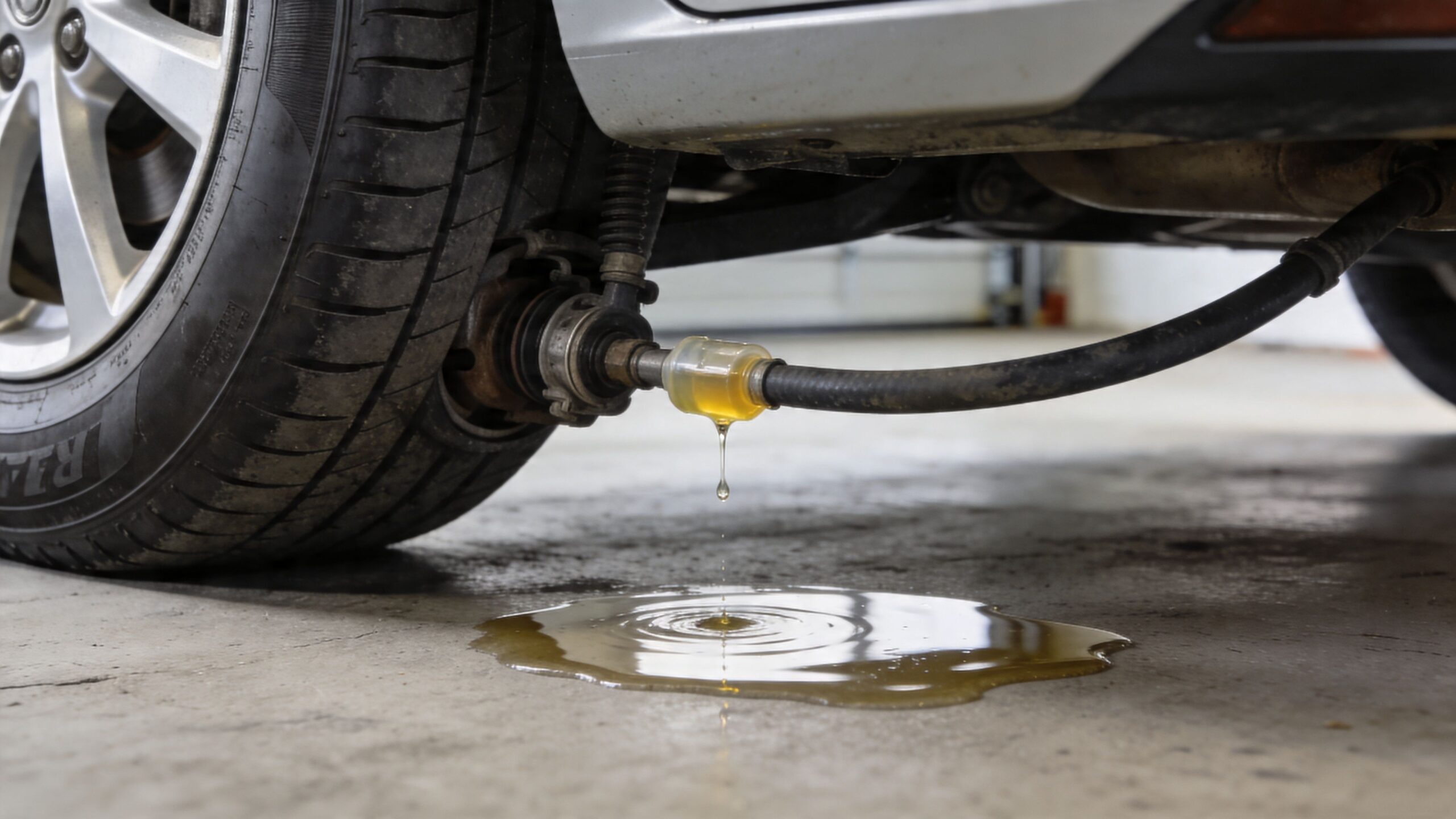 A car wheel connected to a hose leaking yellow fluid onto a garage floor, indicating a brake issue.