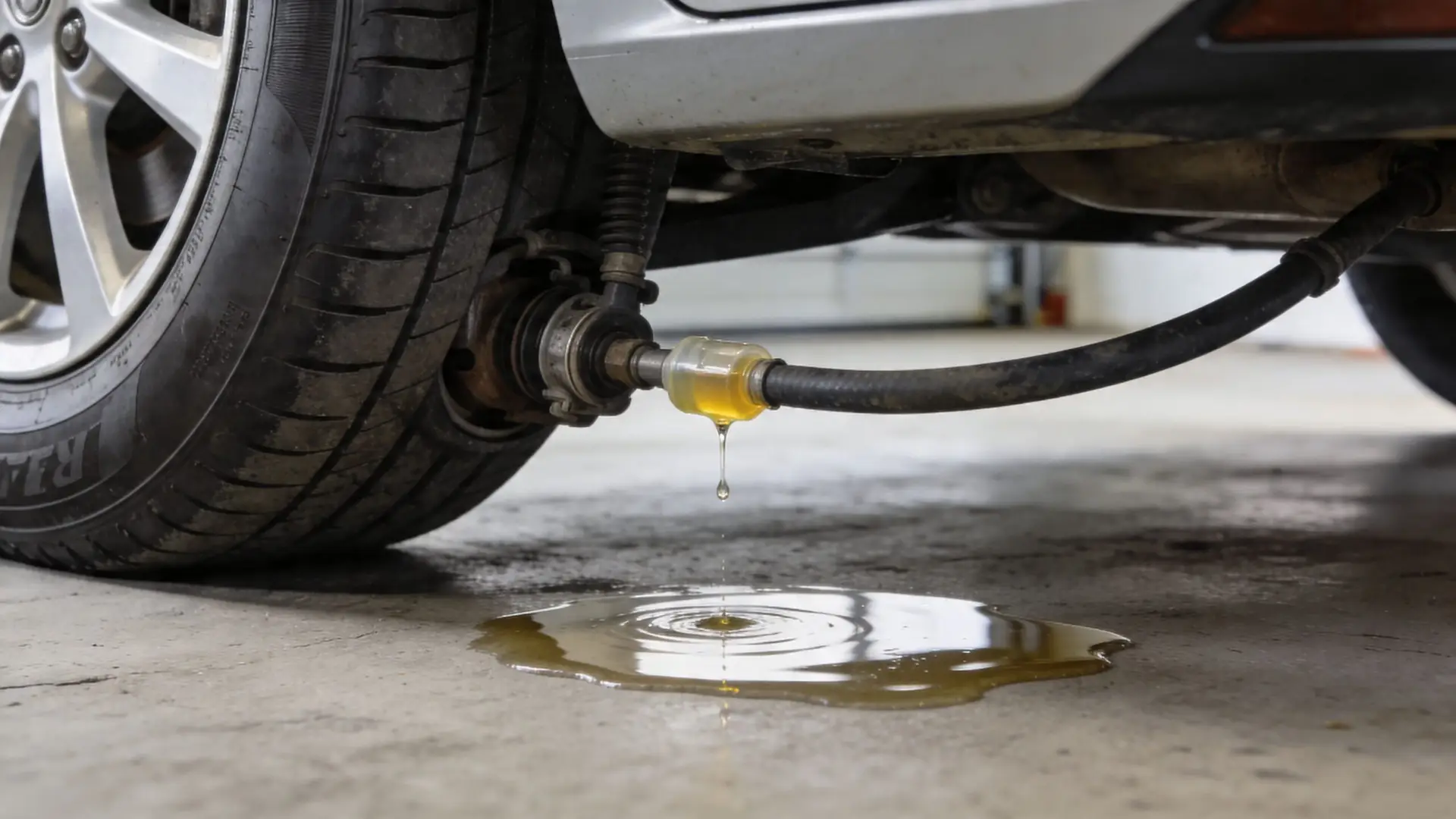 A car wheel connected to a hose leaking yellow fluid onto a garage floor, indicating a brake issue.