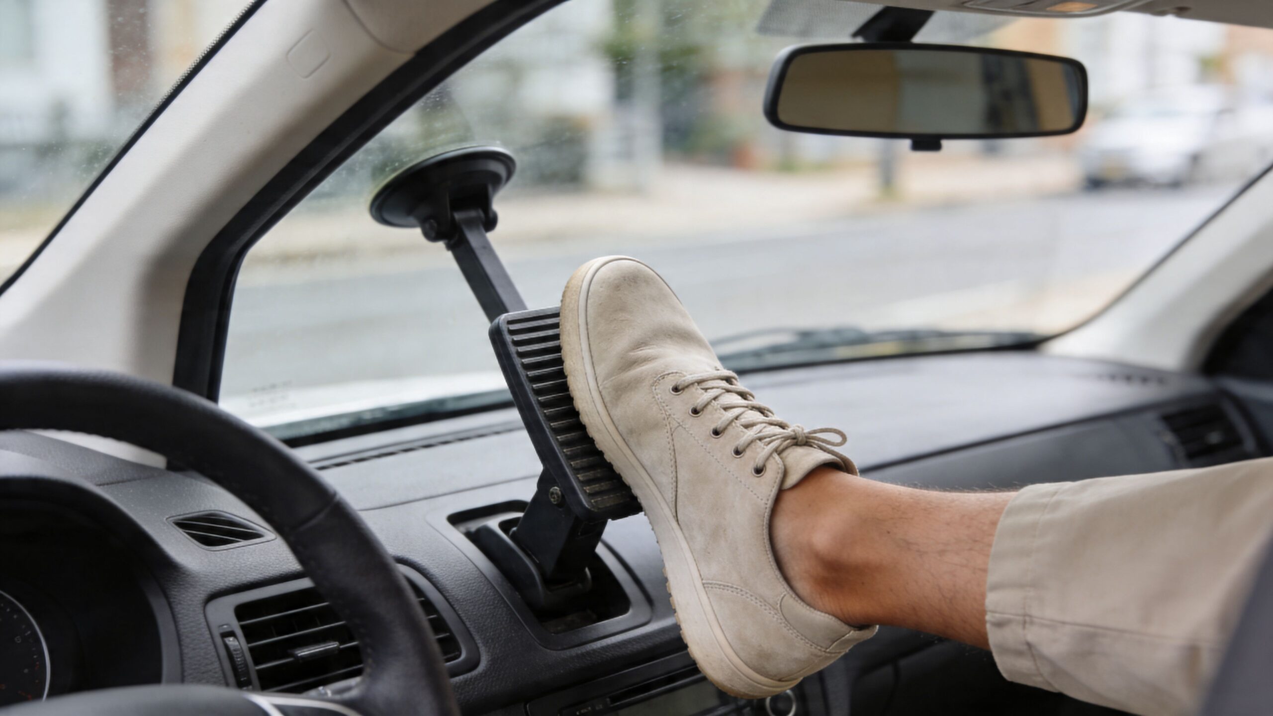 A person resting their foot on a dashboard-mounted car phone holder inside a vehicle.