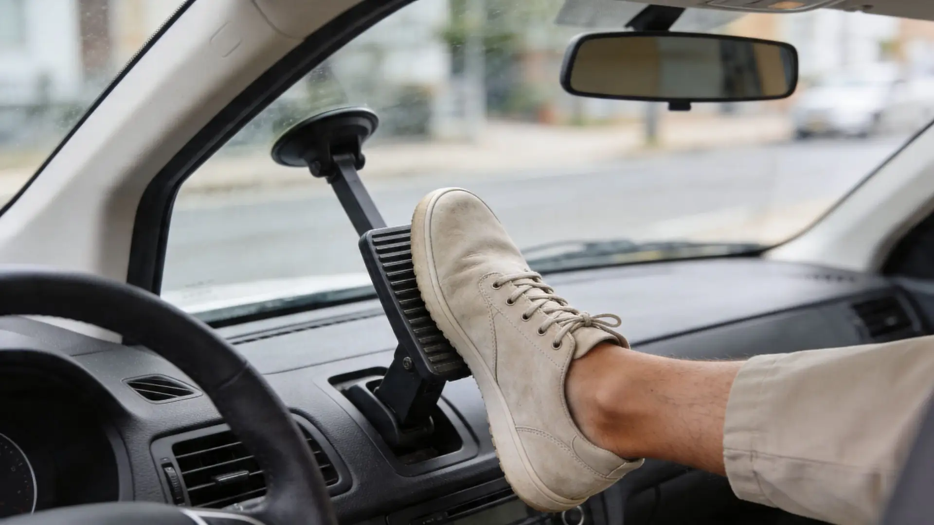 A person resting their foot on a dashboard-mounted car phone holder inside a vehicle.