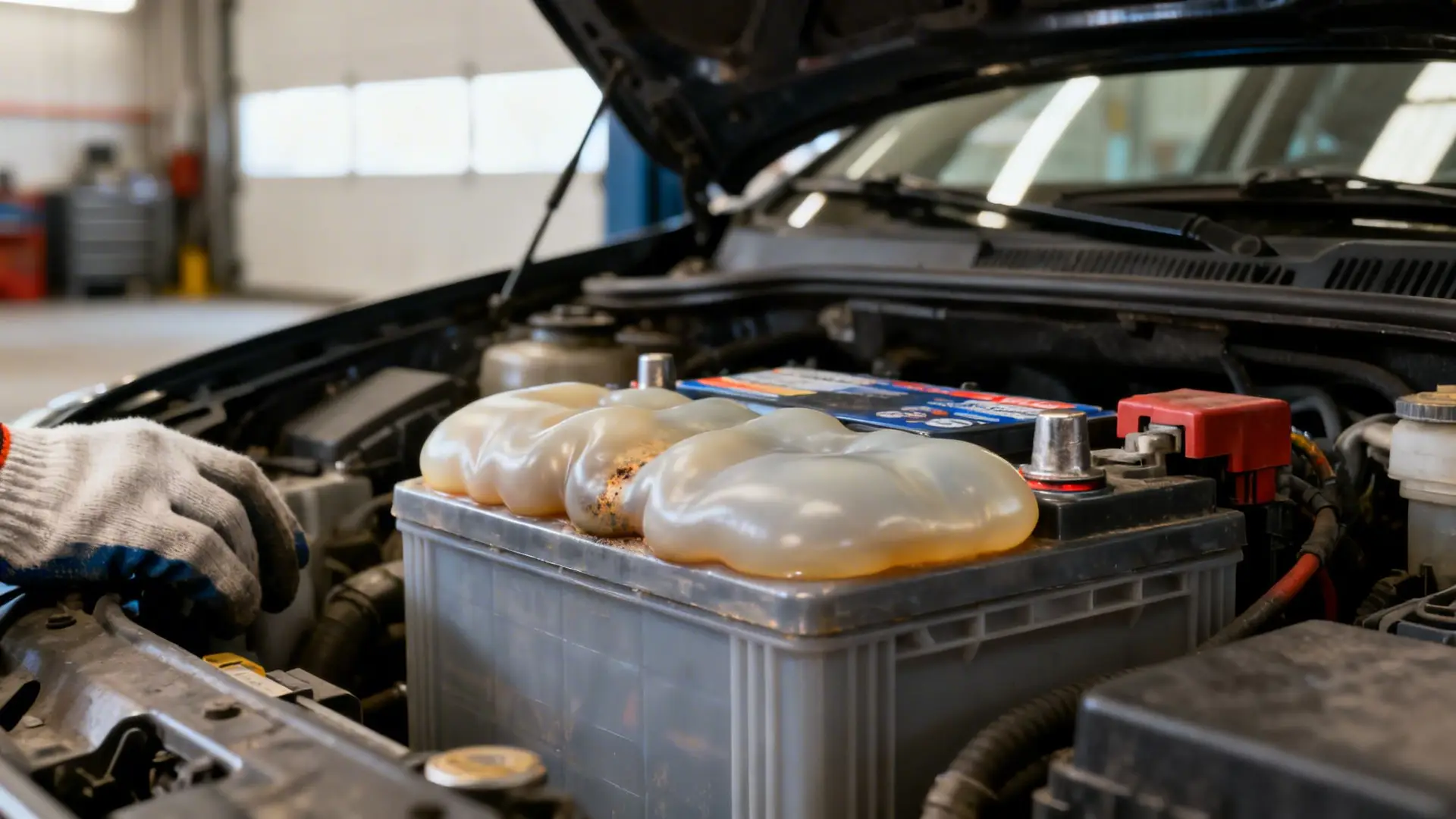 A gloved hand inspects a car battery showing signs of corrosion or fluid leakage in a garage.