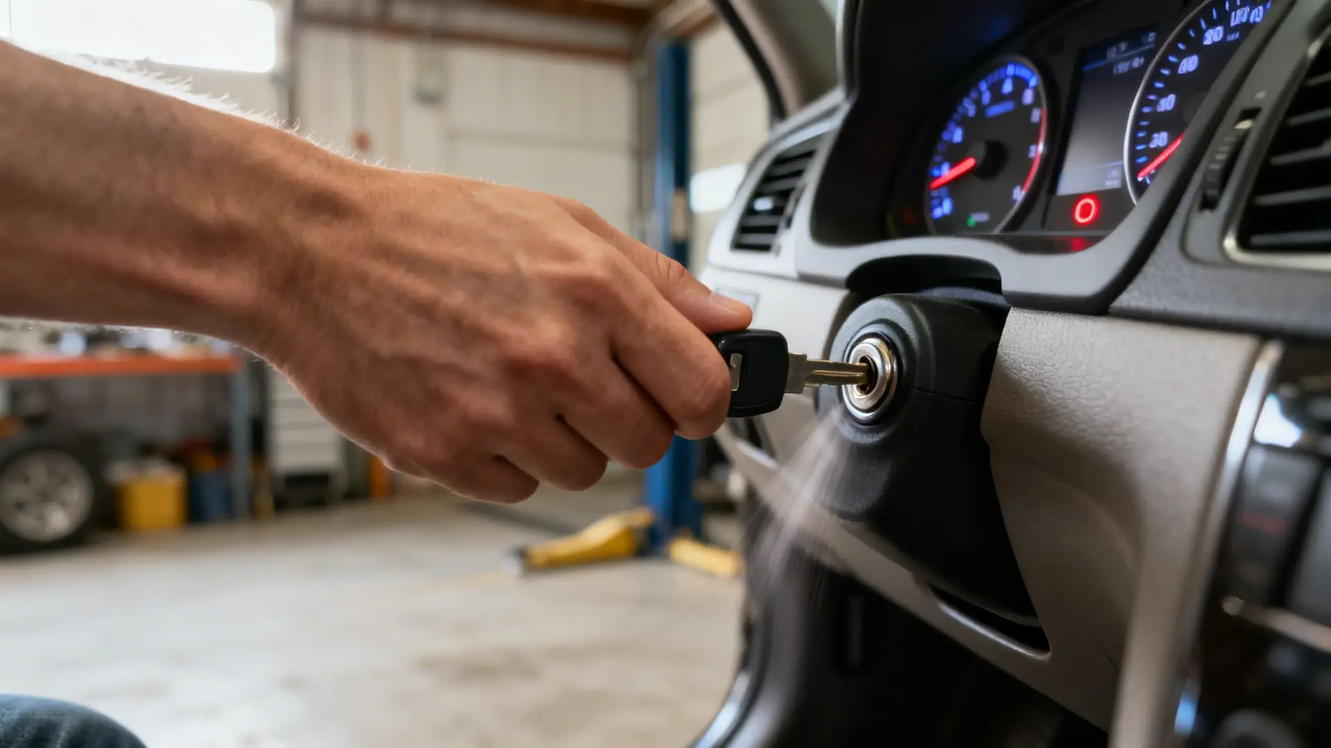 A person's hand inserts a car key into the ignition, with the dashboard lights on and a garage in the background.