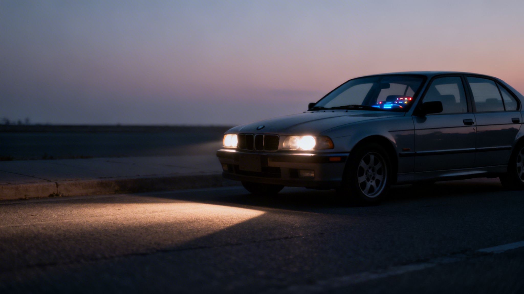 A grey sedan with bright headlights on a road at dusk, with blue and red lights inside.