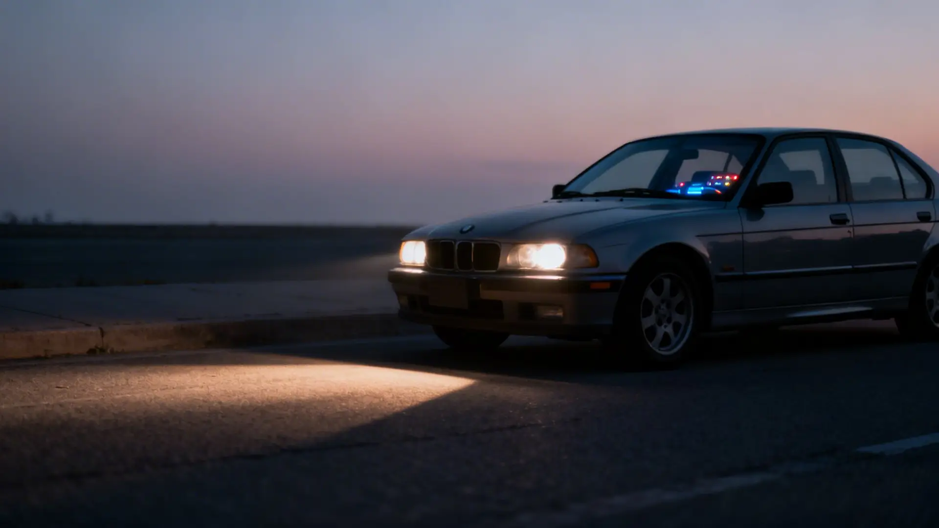 A grey sedan with bright headlights on a road at dusk, with blue and red lights inside.