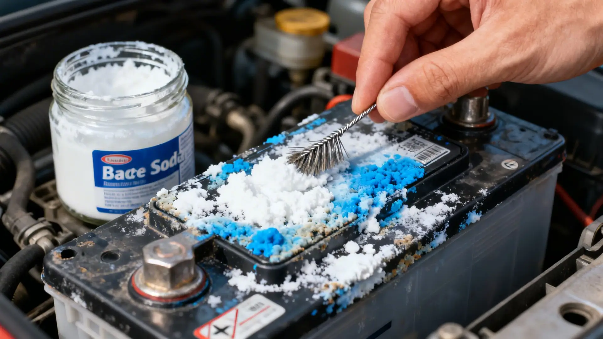 A person using a wire brush to scrub baking soda onto a corroded car battery terminal.