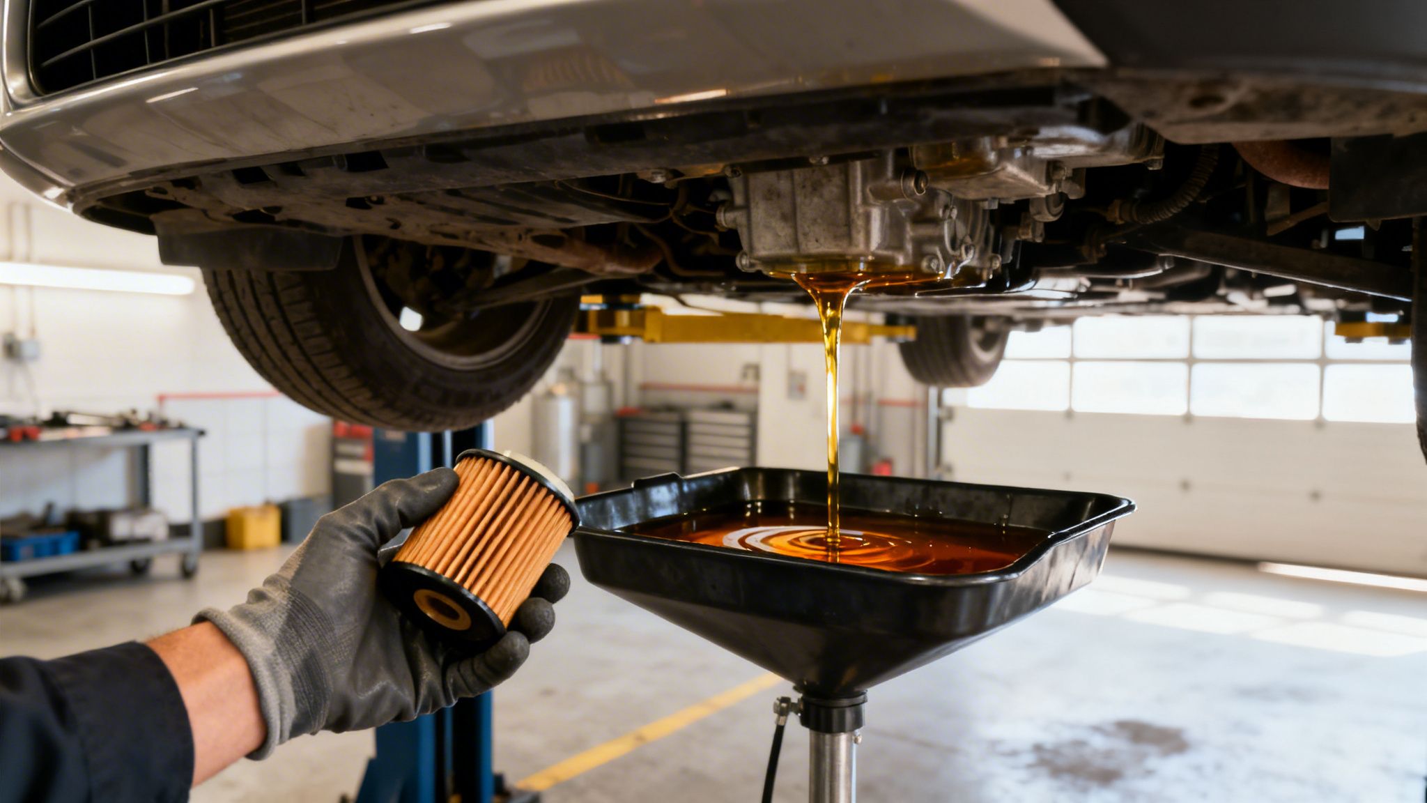 A mechanic holding a new oil filter while old motor oil drains into a collection pan.