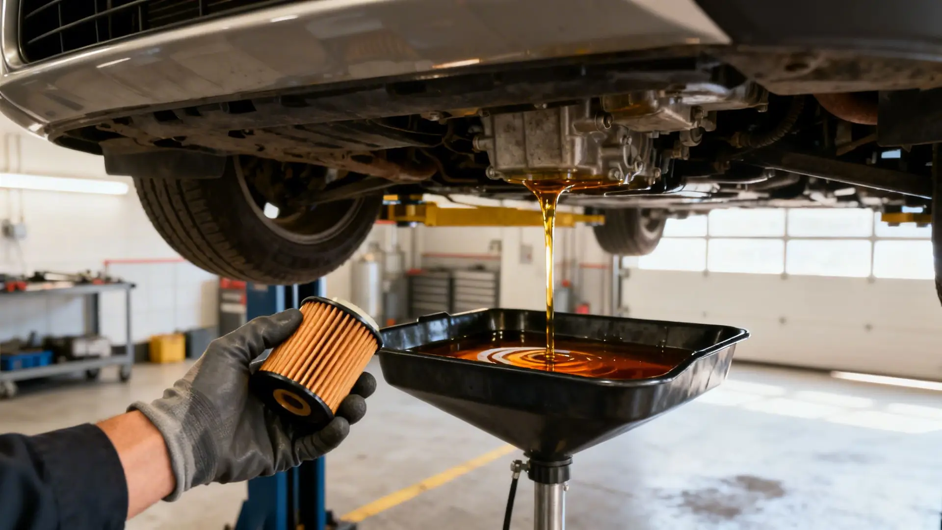 A mechanic holding a new oil filter while old motor oil drains into a collection pan.