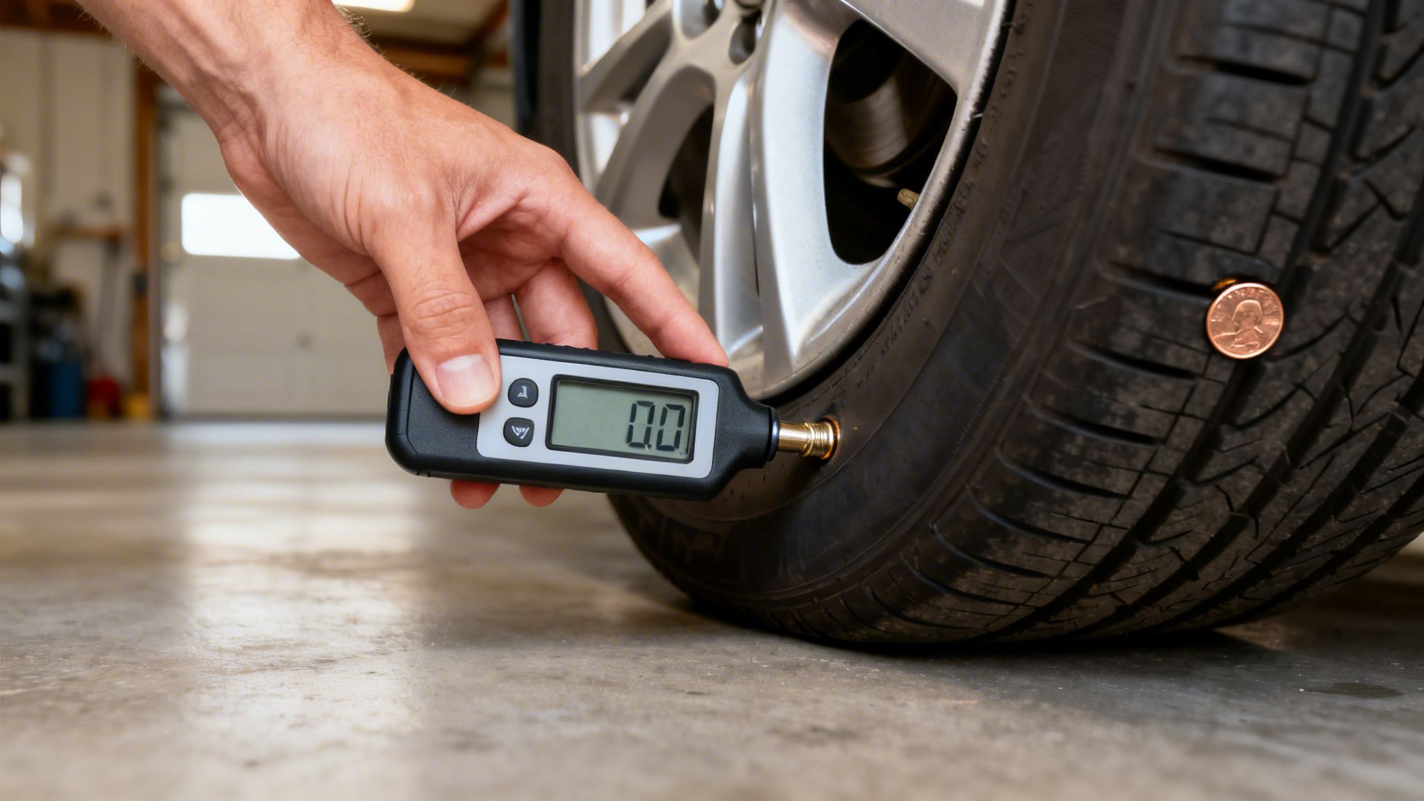 A person checking car tire pressure with a digital gauge and testing tread depth with a penny.